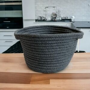 Small Round Rope Storage Basket w/ Handles Dark Grey 9"x8"x5.5" Boho Chic